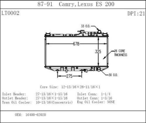 1988 - 1991 Toyota Camry Radiator - (2.5L V6 Automatic Transmission + 2.0L L4 4WD; Automatic Transmission)