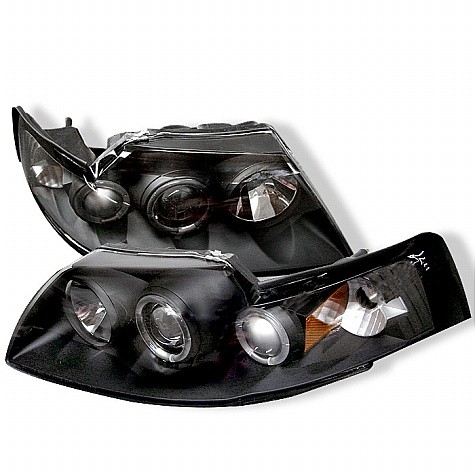 1999 - 2004 Ford Mustang Projector HeadLights (PAIR) - LED Halo - Black - High H1 (Included) - Low H1 (Included) (Spyder Auto)