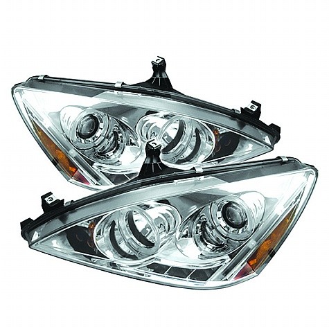2003 - 2007 Honda Accord Projector HeadLights (PAIR) - LED Halo - Amber Reflector - LED ( Replaceable LEDs ) - Chrome - High H1 (Included) - Low H1 (Included) (Spyder Auto)