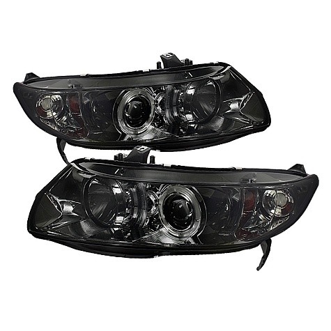 2006 - 2008 Honda Civic 2Dr Projector HeadLights (PAIR) - LED Halo - Smoke - High H1 (Included) - Low H1 (Included) (Spyder Auto)