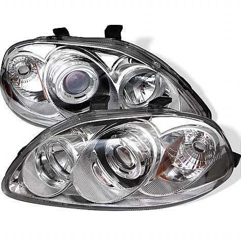 1996 - 1998 Honda Civic Projector HeadLights (PAIR) - LED Halo - Amber Reflector - Chrome - High H1 (Included) - Low H1 (Included) (Spyder Auto)