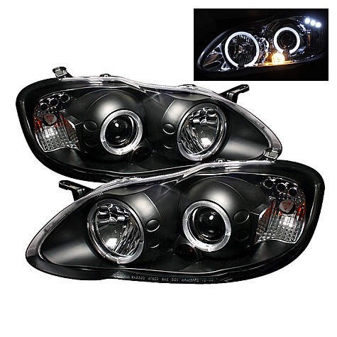 2003 - 2008 Toyota Corolla Projector HeadLights (PAIR) - LED Halo- LED ( Replaceable LEDs ) - Black - High 9005 (Not Included) - Low H1 (Included) (Spyder Auto)
