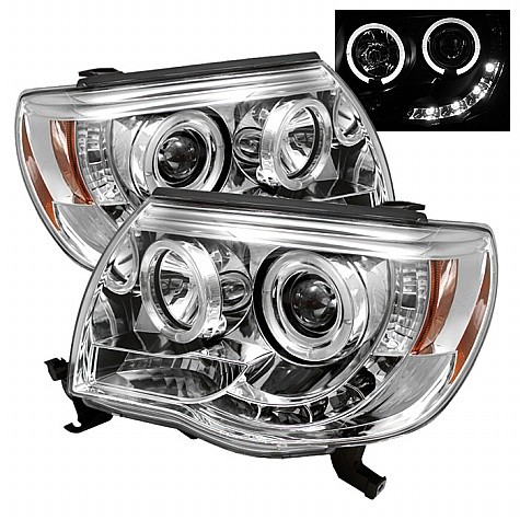 2005 - 2011 Toyota Tacoma Projector HeadLights (PAIR) - LED Halo - LED ( Replaceable LEDs ) - Chrome - High H1 (Included) - Low H1 (Included) (Spyder Auto)