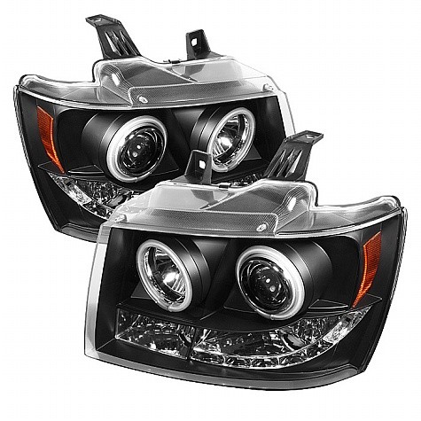 2007 - 2013 Chevy Suburban 1500/2500 Projector HeadLights (PAIR) - CCFL Halo - LED ( Replaceable LEDs ) - Black - High H1 (Included) - Low H1 (Included) (Spyder Auto)