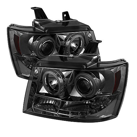 2007 - 2013 Chevy Suburban 1500/2500 Projector HeadLights (PAIR) - CCFL Halo - LED ( Replaceable LEDs ) - Smoke - High H1 (Included) - Low H1 (Included) (Spyder Auto)
