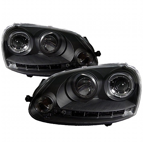 2006 - 2009 Volkswagen GTI Projector HeadLights (PAIR) - Halogen Model Only ( Not Compatible With Xenon/HID Model ) - LED Halo - DRL - Black - High H1 (Included) - Low H7 (Not Included) (Spyder Auto)