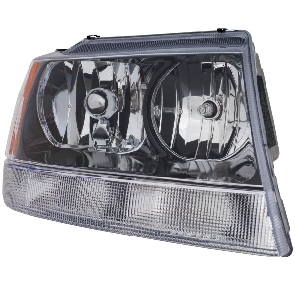 Headlight Assembly for Jeep Grand Cherokee 2002-2004, Right (Passenger), Halogen, Black Interior, Without Harness, Excluding Limited/Overland Models, From 01-15-2002, Replacement