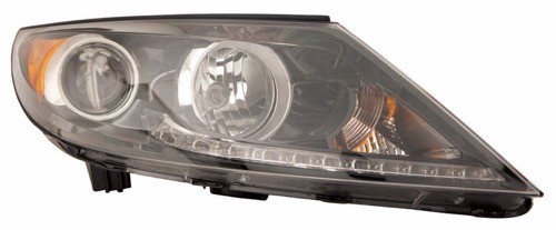 Headlight Assembly for Kia Sportage 2011-2012, Right (Passenger), Halogen, with LED Daytime Running Lights, Base/LX Models - CAPA-Certified, Replacement