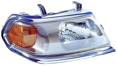Right (Passenger) Headlight Assembly for 2000 Mitsubishi Montero, Front Replacement Housing / Lens / Cover, Bright Bezel, To Feb 2000, Composite,  MR496352, Replacement