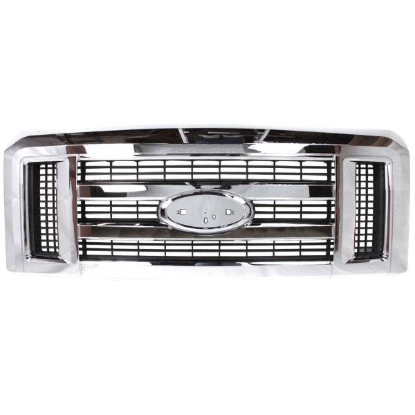 Grille for 2008-2021 Econoline Van, Plastic Chrome Shell with Painted Gray Insert, Excluding Stripped Chassis Model, Replacement (CAPA Certified)