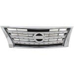 Grille for Nissan Sentra 2013-2015, Standard Type, Chrome Shell with Painted Silver Insert, S/SL/SV Models, Replacement (CAPA Certified)
