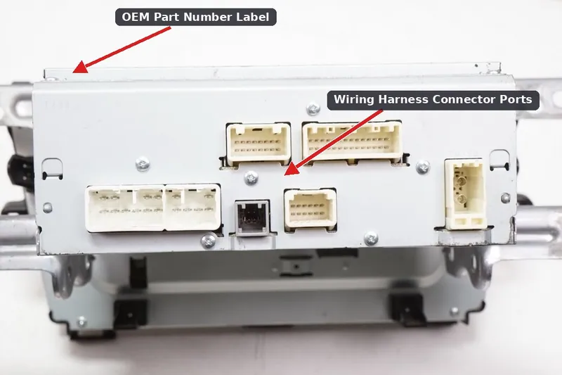 The rear panel of an OEM Toyota Prius head unit showing the complex array of wiring harness connectors and the manufacturer part number sticker.