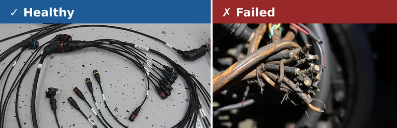 Side-by-side comparison of a healthy, intact wiring harness and a damaged harness with chewed wires and melted insulation.