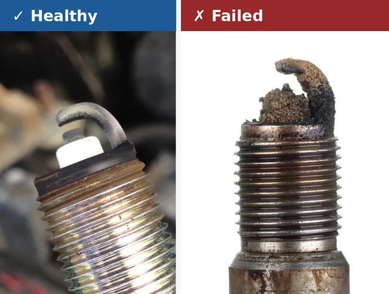 Side-by-side comparison of a clean, healthy spark plug and an oil-fouled spark plug typical of Honda VCM issues.
