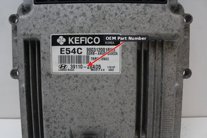 A replacement Engine Control Module for a 2012-2014 Hyundai Accent, showing the OEM part number label.