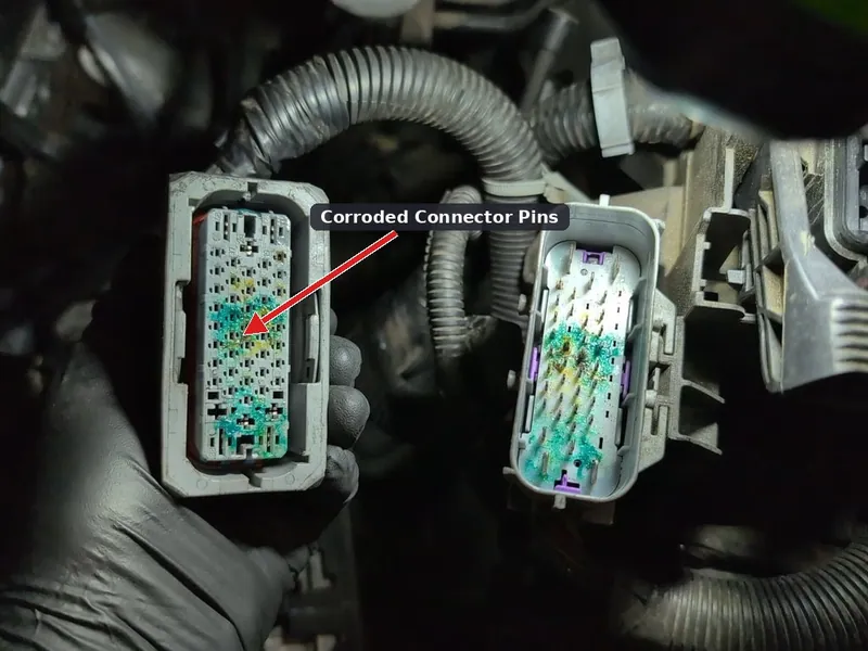 A damaged engine control module showing burnt internal components or corroded connector pins.