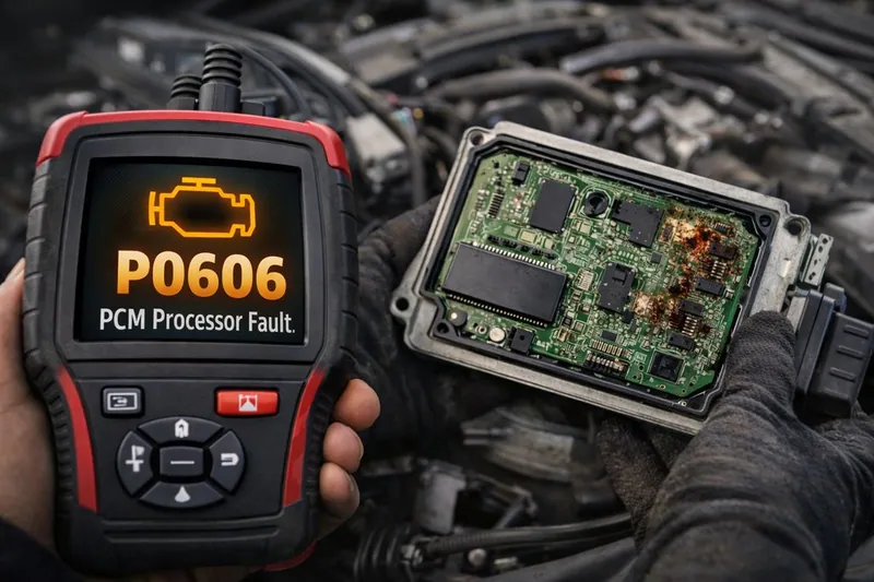 Close-up of a burnt and damaged engine control module circuit board indicating internal failure.