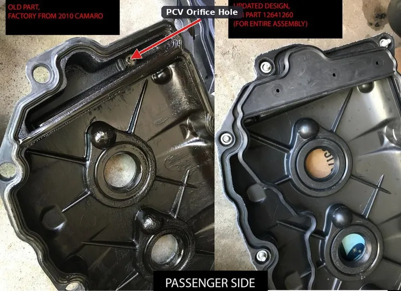 Close-up of the underside of a GM 3.6L V6 driver-side valve cover showing the integrated PCV orifice completely blocked by dark oil sludge and carbon deposits.