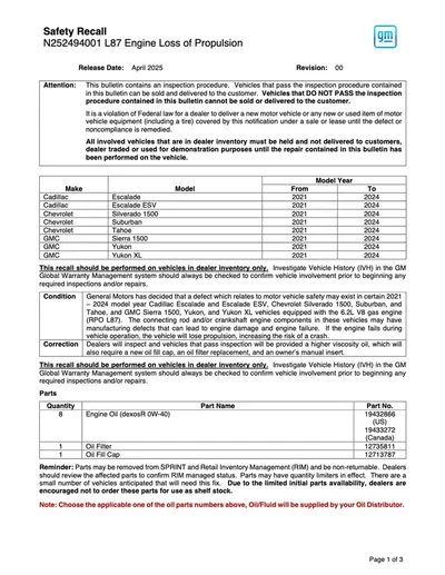 A technical service bulletin document from General Motors addressing the PCV system issues on the 3.6L V6 engine.