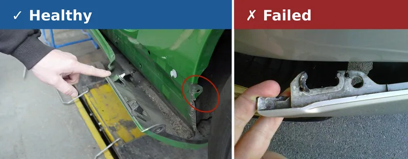 Side-by-side comparison showing intact plastic mounting tabs on the back of a rocker panel versus broken, sheared-off tabs.
