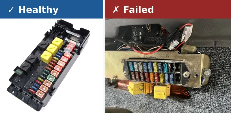 Side-by-side comparison of a clean, undamaged fuse box and a failing fuse box with melted plastic and corroded terminals.