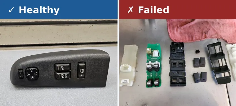 Side-by-side comparison of a functioning master window switch panel and a damaged or unresponsive driver's door control panel.