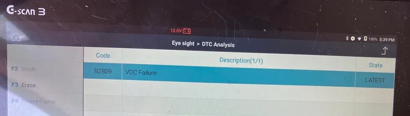 An OBD2 diagnostic scan tool displaying the B2809 trouble code.