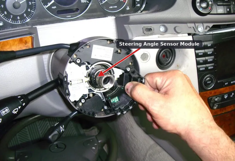 A steering angle sensor located behind the steering wheel assembly.