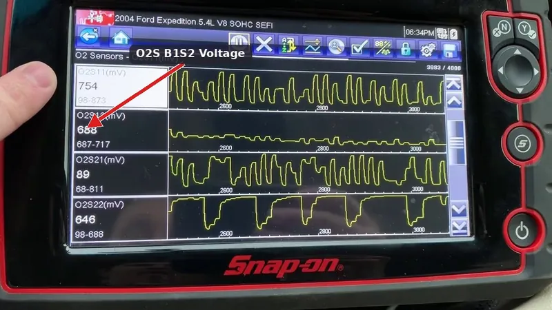 An OBD2 diagnostic scan tool displaying live data graphing for a downstream oxygen sensor's voltage.