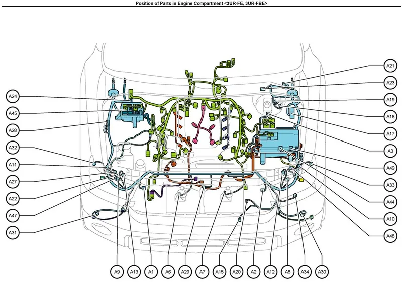 Engine bay of a 2009-2016 Toyota Tundra equipped with the 5.7L Flex Fuel V8 engine.