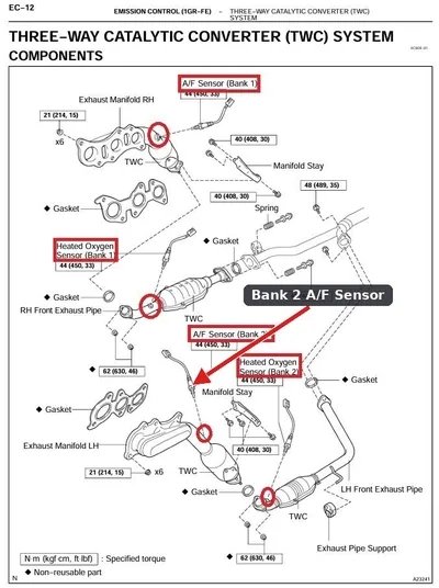 The Bank 2 Sensor 1 Air/Fuel Ratio sensor located on the driver's side exhaust manifold of a Toyota Tundra.