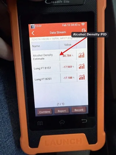 A bidirectional scan tool displaying a high Alcohol Density reading in the live data stream.