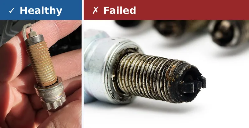 Comparison showing a normal, healthy spark plug with a tan tip versus a black, carbon-fouled spark plug caused by a rich fuel mixture.