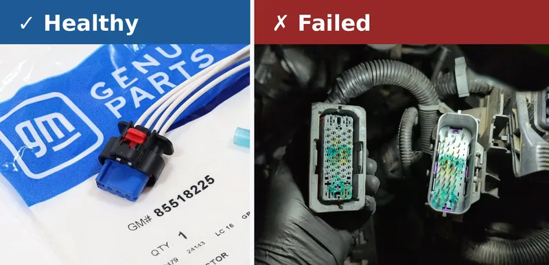 Comparison of a clean, healthy 4-wire electrical connector and a failed connector showing green corrosion and fretting on the terminals.