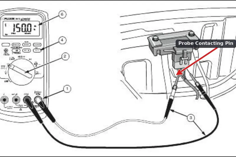 A mechanic using a digital multimeter to test the voltage at the boost pressure sensor's electrical connector.