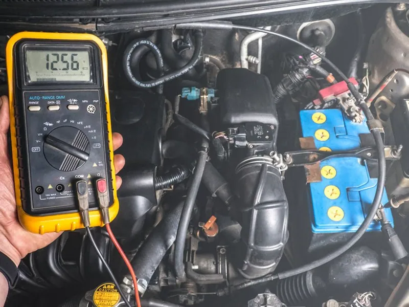 A digital multimeter being used to test the voltage across a car battery's terminals.