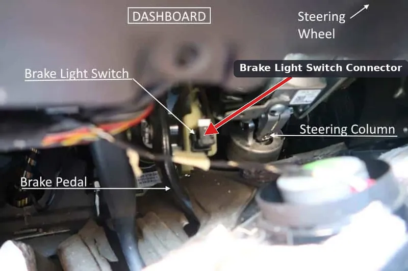 A mechanic testing the brake light switch located under the dashboard above the brake pedal.