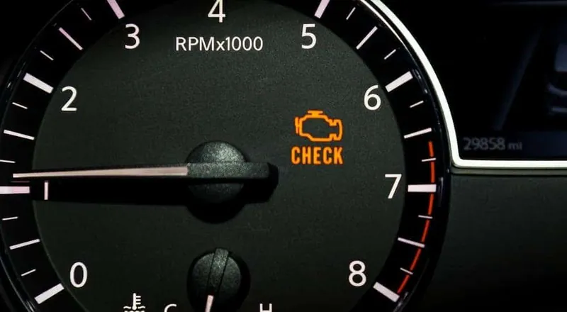A vehicle dashboard showing an illuminated check engine light and a fluctuating tachometer needle.