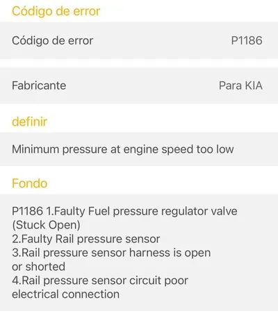 An OBD2 diagnostic scan tool displaying the P1186 trouble code.