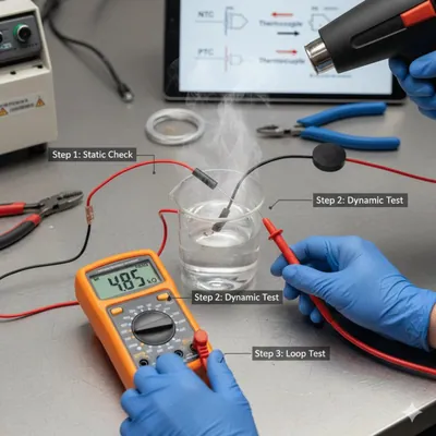 A mechanic using a digital multimeter to measure the resistance of a cylinder head temperature sensor.
