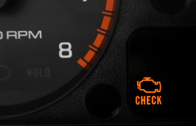 A vehicle instrument cluster showing an illuminated check engine light and an elevated RPM during a cold start.