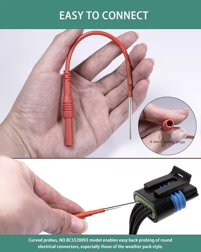 A mechanic using a multimeter to back-probe the electrical connector of an EVAP purge flow sensor.