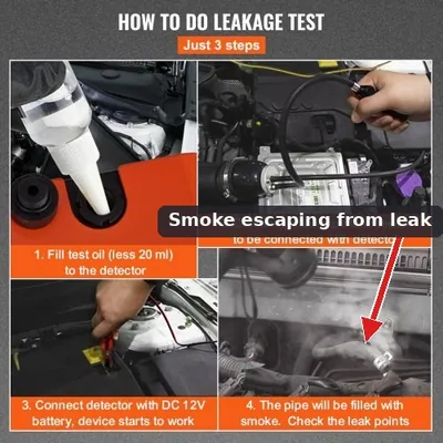 A mechanic using an automotive smoke machine to detect leaks in the EVAP system hoses.