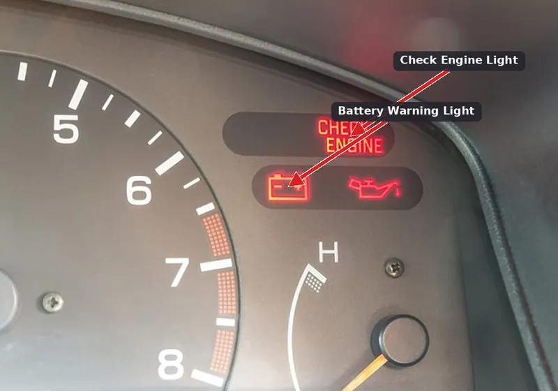 A vehicle instrument cluster showing both the Check Engine Light and the red Battery warning light illuminated.