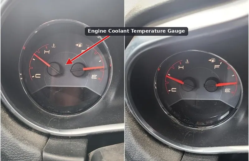 A vehicle dashboard showing an erratic or overheating engine coolant temperature gauge.