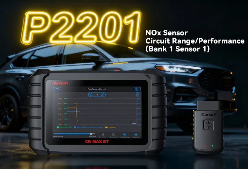 An OBD2 scanner screen displaying the P2201 diagnostic trouble code and live NOx data