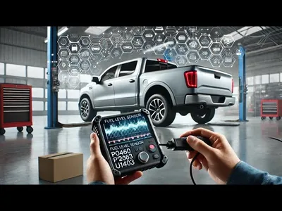 An OBD2 diagnostic scanner displaying the U1403 trouble code for an implausible fuel level signal.