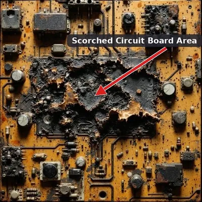 Scorched and melted internal transistors inside a failed hybrid power inverter.