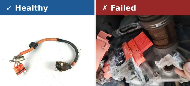 Comparison of clean, undamaged electrical connectors on a used hybrid inverter versus corroded and damaged connectors.