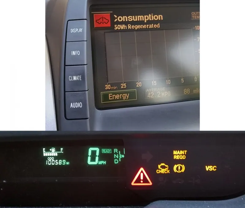A Toyota Prius dashboard showing the red master warning triangle and 'Problem' message on the multi-function display.
